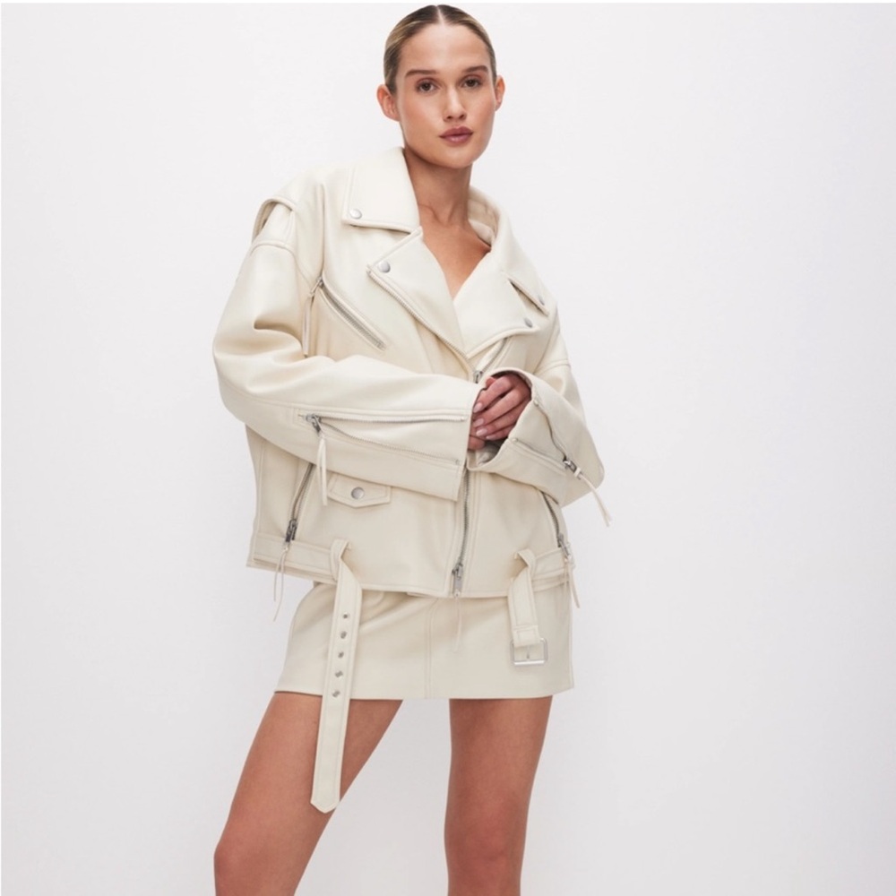 Good American Oversized‎ Faux Leather Moto Jacket- White Womens XXS
